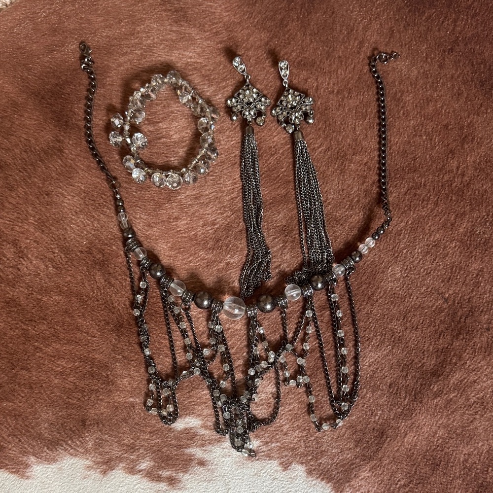 Black Crystal Fringe Statement Necklace with Matching Tassel Earrings/ bracelet
